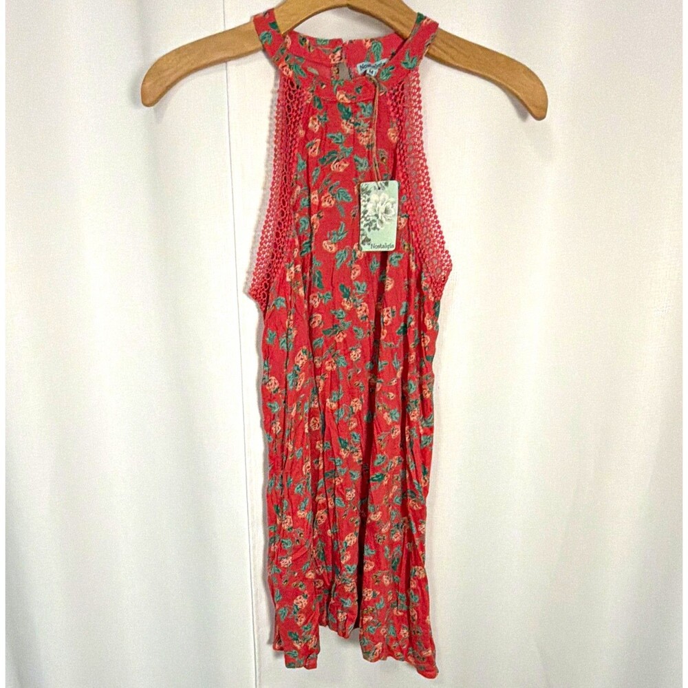 Nostalgia Salmon Green Floral High Neck Sleeveless A-Line Rayon Dress Medium